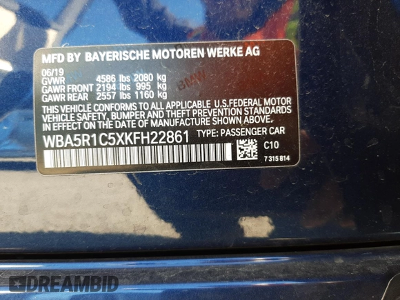 2019 BMW 3 Series 330i with VIN WBA5R1C5XKFH22861, listed as a Copart auction lot 68997202 with 36,073 mi miles and . Bid and sale history available at DreamBid. Image 14.