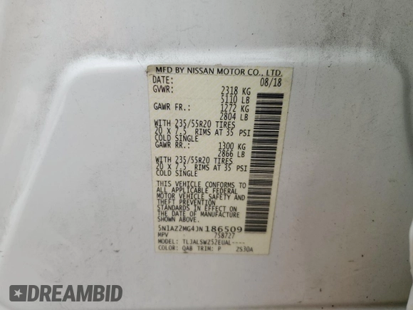 2018 Nissan Murano SV with VIN 5N1AZ2MG4JN186509, listed as a Copart auction lot 50427185 with 84,359 mi miles and Salvage Title. Bid and sale history available at DreamBid. Image 14.