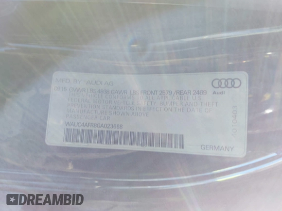 2016 Audi S5 Premium Plus with VIN WAUC4AFR8GA023668, listed as a IAAI auction lot 41371525 with 68,346 mi miles. Bid and sale history available at carsss.com. Image 9.