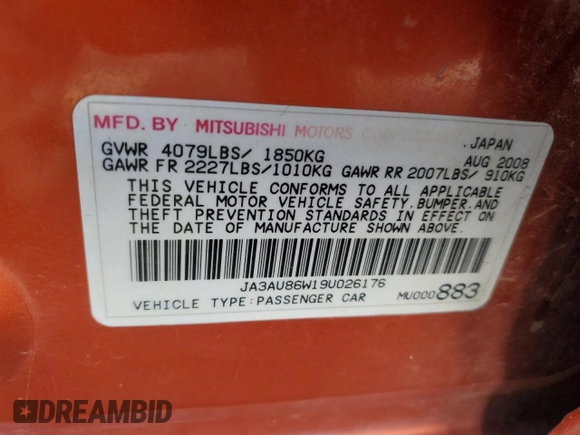 2009 Mitsubishi Lancer GTS with VIN JA3AU86W19U026176, listed as a Copart auction lot 75438734 with 95,565 mi miles and Clean Title. Bid and sale history available at carsss.com. Image 12.