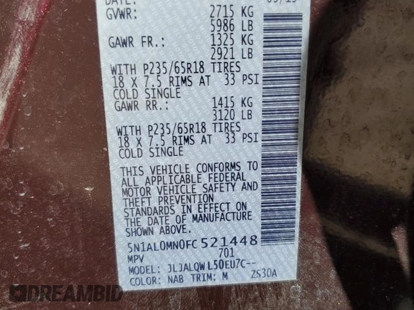 2015 Infiniti QX60 with VIN 5N1AL0MN0FC521448, listed as a Copart auction lot 48426595 with 155,248 mi miles and Salvage Title. Bid and sale history available at DreamBid. Image 13.