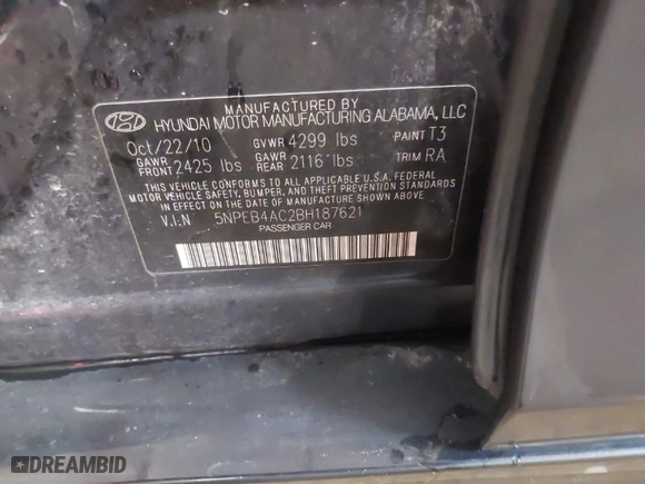 2011 Hyundai Sonata GLS with VIN 5NPEB4AC2BH187621, listed as a IAAI auction lot 41803040 with 155,071 mi miles. Bid and sale history available at carsss.com. Image 9.