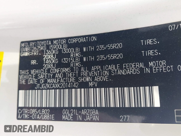 2019 Lexus RX 350L Premium with VIN JTJGZKCAXK2014142, listed as a IAAI auction lot 42374975 with 46,089 mi miles and . Bid and sale history available at DreamBid. Image 9.