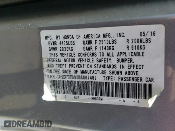 2016 Honda Accord Touring with VIN 1HGCT2B00GA007467, listed as a Copart auction lot 53456225 with Not Provided miles and Salvage Title. Bid and sale history available at DreamBid. Image 13.