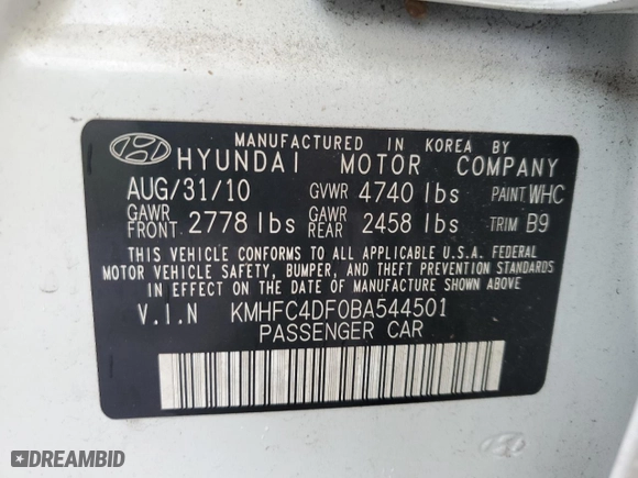 2011 Hyundai Azera Limited with VIN KMHFC4DF0BA544501, listed as a Copart auction lot 75701714 with 0 mi miles and Salvage Title. Bid and sale history available at carsss.com. Image 12.