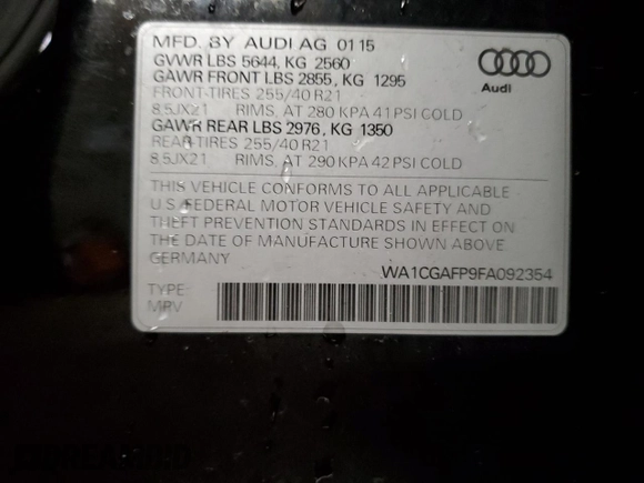2015 Audi SQ5 Premium Plus with VIN WA1CGAFP9FA092354, listed as a Copart auction lot 40517494 with 89,024 mi miles and Non Repairable. Bid and sale history available at carsss.com. Image 14.