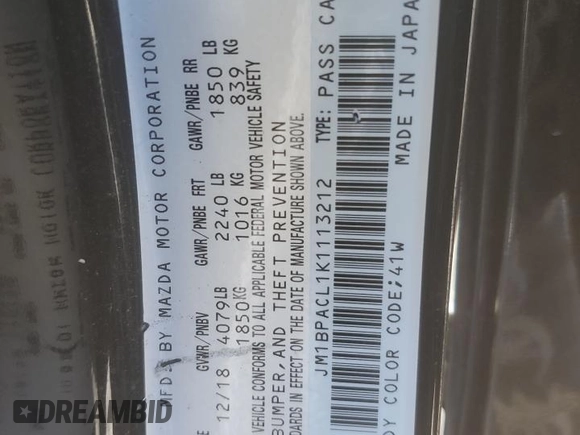 2019 Mazda 3 w/Select with VIN JM1BPACL1K1113212, listed as a Copart auction lot 46550665 with 33,092 mi miles and Salvage Title. Bid and sale history available at carsss.com. Image 14.