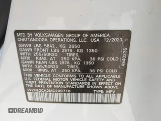 2021 Volkswagen Atlas SE with VIN 1V2HE2CA2MC209716, listed as a IAAI auction lot 42710825 with 29,484 mi miles and . Bid and sale history available at DreamBid. Image 9.