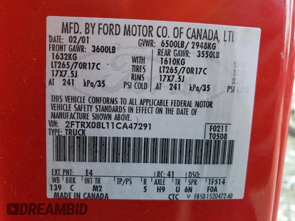 2001 Ford F-150 XL with VIN 2FTRX08L11CA47291, listed as a Copart auction lot 83753584 with Not provided miles and Salvage title. Bid and sale history available at DreamBid. Image 12.
