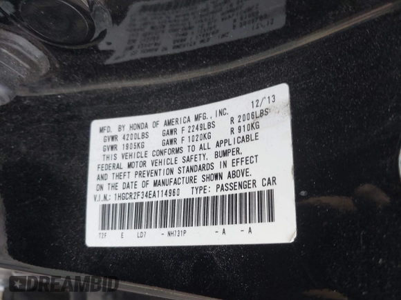 2014 Honda Accord LX z VIN 1HGCR2F34EA114960, wystawiony jako IAAI lot #41667652 z przebiegiem 117 834 mil mil oraz . Historia ofert i sprzedaży dostępna na DreamBid. Obrazek 9.