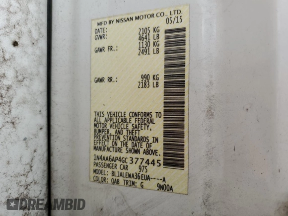 2016 Nissan Maxima SL with VIN 1N4AA6AP4GC377445, listed as a Copart auction lot 51662135 with 54,450 mi miles and Salvage Title. Bid and sale history available at DreamBid. Image 14.
