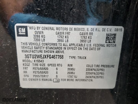 2015 GMC Sierra 1500 Denali with VIN 3GTU2WEJXFG467768, listed as a Copart auction lot 43733155 with 103,319 mi miles and Salvage Title. Bid and sale history available at carsss.com. Image 12.