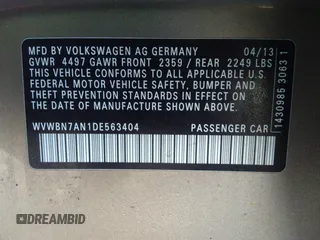 2013 Volkswagen CC Sport с VIN WVWBN7AN1DE563404, выставлен на аукционе IAAI как лот 41659845 с пробегом 171 631 миль миль и . История ставок и продаж доступна на DreamBid. Изображение 9.