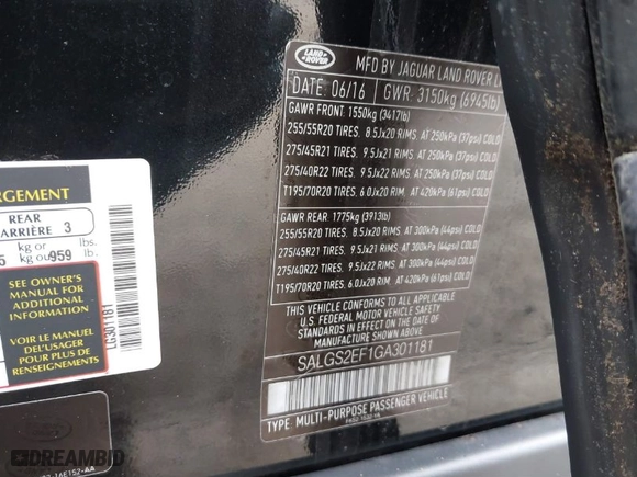 2016 Land Rover Range Rover Supercharged with VIN SALGS2EF1GA301181, listed as a IAAI auction lot 41860919 with 107,279 mi miles. Bid and sale history available at carsss.com. Image 9.