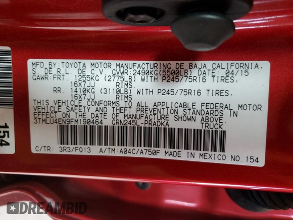 2015 Toyota Tacoma с VIN 3TMLU4EN9FM190464, выставлен на аукционе Copart как лот 65014055 с пробегом 91 993 миль миль и Списание • Salvage title. История ставок и продаж доступна на DreamBid. Изображение 12.