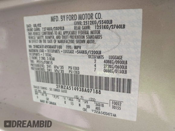 2003 Ford Windstar LX with VIN 2FMZA51493BA07188, listed as a IAAI auction lot 42096389 with 119,039 mi miles and . Bid and sale history available at carsss.com. Image 9.