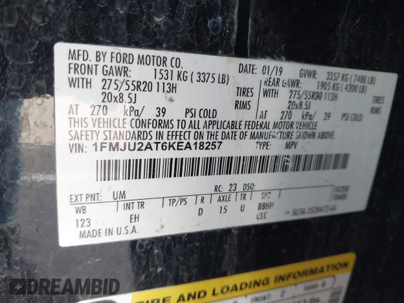 2019 Ford Expedition Limited z VIN 1FMJU2AT6KEA18257, wystawiony jako IAAI lot #42367104 z przebiegiem Nie podano mil oraz . Historia ofert i sprzedaży dostępna na DreamBid. Obrazek 9.