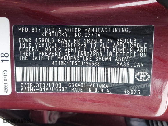 2014 Toyota Avalon Limited with VIN 4T1BK1EB5EU124568, listed as a IAAI auction lot 41996280 with 102,440 mi miles. Bid and sale history available at carsss.com. Image 9.