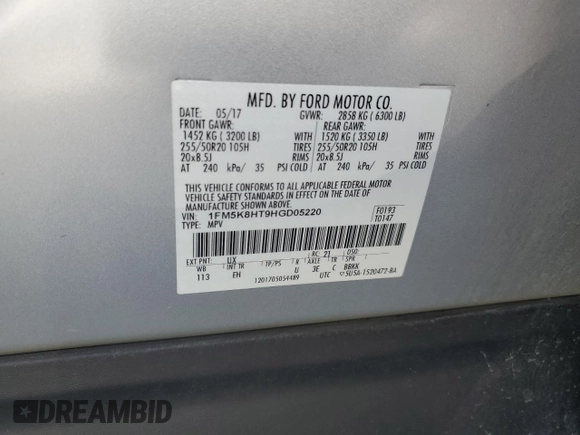 2017 Ford Explorer Platinum z VIN 1FM5K8HT9HGD05220, wystawiony jako Copart lot #60704795 z przebiegiem 59 128 mil mil oraz Szkoda całkowita • Salvage title. Historia ofert i sprzedaży dostępna na DreamBid. Obrazek 13.