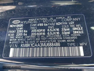 2021 Hyundai Kona SE with VIN KM8K1CAA3MU688486, listed as a IAAI auction lot 41166249 with 71,823 mi miles. Bid and sale history available at carsss.com. Image 9.