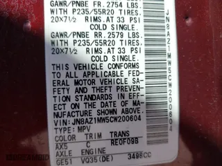 2012 Nissan Murano SV with VIN JN8AZ1MW5CW200604, listed as a IAAI auction lot 42121521 with 166,331 mi miles. Bid and sale history available at carsss.com. Image 9.