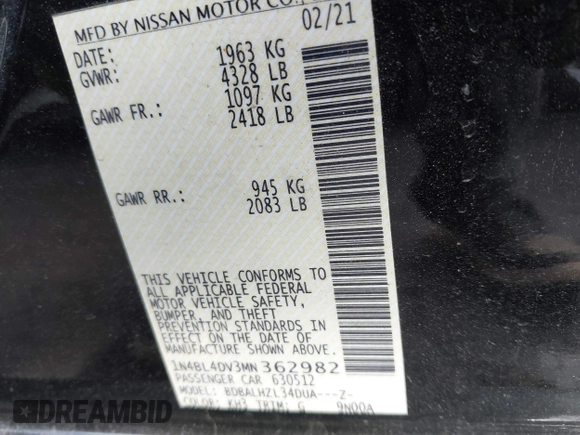 2021 Nissan Altima SV with VIN 1N4BL4DV3MN362982, listed as a IAAI auction lot 41641340 with 68,323 mi miles and . Bid and sale history available at carsss.com. Image 9.