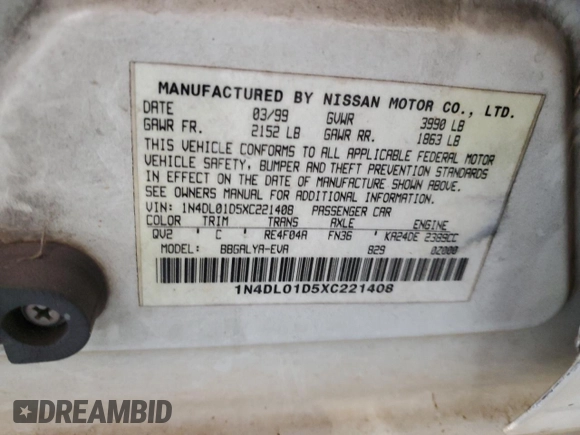 1999 Nissan Altima XE with VIN 1N4DL01D5XC221408, listed as a Copart auction lot 71363084 with 207,485 mi miles and Salvage Title. Bid and sale history available at carsss.com. Image 12.
