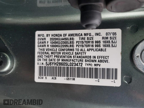 2005 Honda Element EX with VIN 5J6YH28605L023472, listed as a Copart auction lot 48209395 with 211,337 mi miles and Clean Title. Bid and sale history available at DreamBid. Image 13.