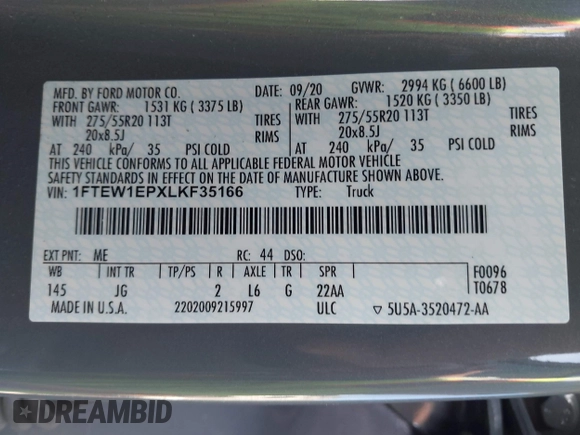 2020 Ford F-150 XL with VIN 1FTEW1EPXLKF35166, listed as a IAAI auction lot 42092775 with 110,536 mi miles and . Bid and sale history available at DreamBid. Image 9.
