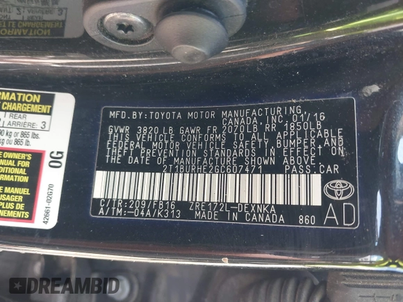 2016 Toyota Corolla L with VIN 2T1BURHE2GC607471, listed as a IAAI auction lot 42623564 with 102,537 mi miles and . Bid and sale history available at DreamBid. Image 9.