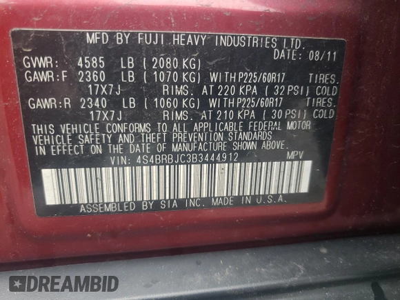 2011 Subaru Outback Limited with VIN 4S4BRBJC3B3444912, listed as a Copart auction lot 57123365 with 231,190 mi miles and Salvage title. Bid and sale history available at DreamBid. Image 12.