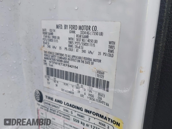 2014 Ford F-150 XL with VIN 1FTFW1ET3EFB42154, listed as a IAAI auction lot 42656209 with 297,149 mi miles and . Bid and sale history available at DreamBid. Image 9.