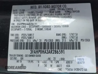 2010 Ford Fusion SE with VIN 3FAHP0HA3AR286591, listed as a IAAI auction lot 40957478 with 1 mi miles. Bid and sale history available at carsss.com. Image 9.