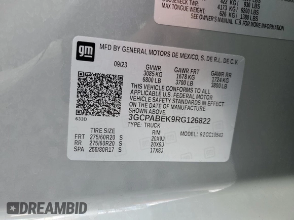2024 Chevrolet Silverado 1500 Custom with VIN 3GCPABEK9RG126822, listed as a Copart auction lot 51183435 with Not Provided miles and Non Repairable. Bid and sale history available at DreamBid. Image 13.