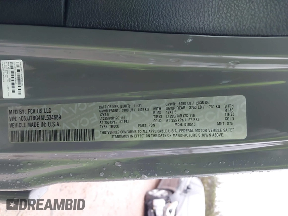 2021 Jeep Gladiator Rubicon с VIN 1C6JJTBG4ML534689, выставлен на аукционе IAAI как лот 41999686 с пробегом 33 531 миль миль и . История ставок и продаж доступна на DreamBid. Изображение 9.
