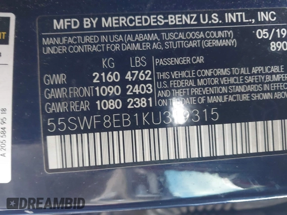 2019 Mercedes-Benz C 300 with VIN 55SWF8EB1KU319315, listed as a IAAI auction lot 41280828 with 81,845 mi miles and . Bid and sale history available at carsss.com. Image 9.