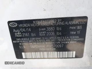 2015 Hyundai Elantra SE z VIN 5NPDH4AE7FH570097, wystawiony jako IAAI lot #41577252 z przebiegiem 135 219 mil mil oraz . Historia ofert i sprzedaży dostępna na DreamBid. Obrazek 9.