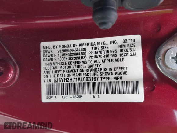 2010 Honda Element EX with VIN 5J6YH2H71AL003167, listed as a IAAI auction lot 42113322 with 157,167 mi miles and . Bid and sale history available at DreamBid. Image 9.