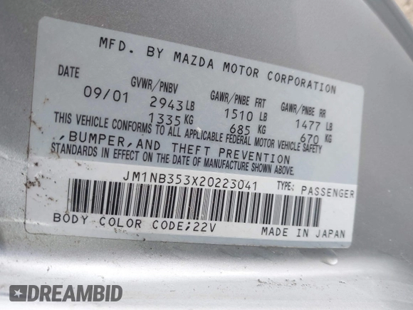 2002 Mazda MX-5 Miata Cloth with VIN JM1NB353X20223041, listed as a IAAI auction lot 41740060 with 177,934 mi miles and . Bid and sale history available at DreamBid. Image 9.