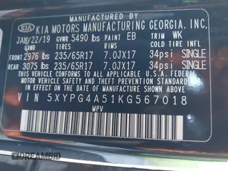 2019 Kia Sorento S V6 with VIN 5XYPG4A51KG567018, listed as a IAAI auction lot 41501450 with 78,964 mi miles. Bid and sale history available at carsss.com. Image 9.