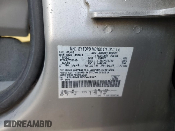 2003 Ford Excursion XLT with VIN 1FMNU41S83EA49547, listed as a Copart auction lot 77153684 with Not Provided miles and Clean Title. Bid and sale history available at DreamBid. Image 13.