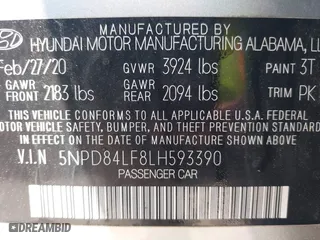 2020 Hyundai Elantra SEL with VIN 5NPD84LF8LH593390, listed as a IAAI auction lot 42042718 with 41,938 mi miles. Bid and sale history available at carsss.com. Image 9.