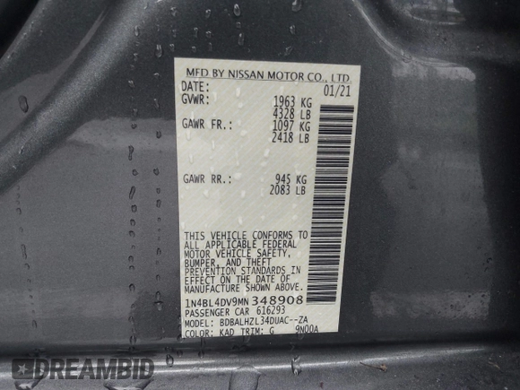 2021 Nissan Altima SV with VIN 1N4BL4DV9MN348908, listed as a IAAI auction lot 42265458 with 44,998 mi miles and . Bid and sale history available at DreamBid. Image 9.