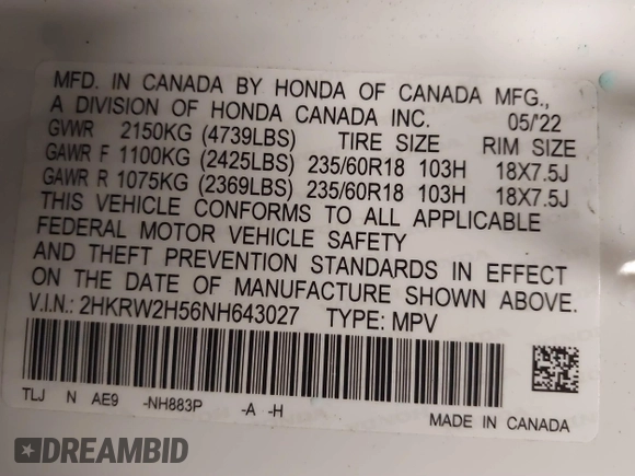 2022 Honda CR-V EX with VIN 2HKRW2H56NH643027, listed as a IAAI auction lot 40669713 with 12,614 mi miles. Bid and sale history available at carsss.com. Image 9.