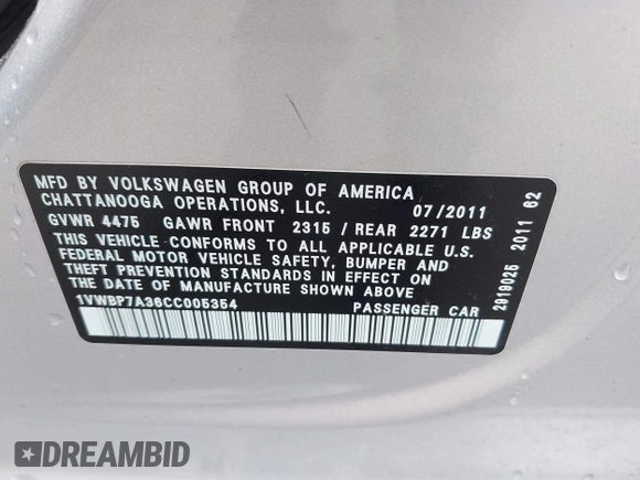 2012 Volkswagen Passat SE with VIN 1VWBP7A36CC005354, listed as a IAAI auction lot 41926270 with 155,493 mi miles. Bid and sale history available at carsss.com. Image 9.