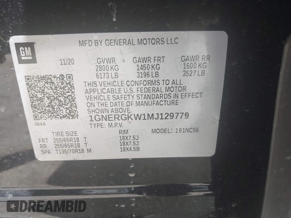 2021 Chevrolet Traverse LT Cloth with VIN 1GNERGKW1MJ129779, listed as a IAAI auction lot 39818022 with 61,802 mi miles and . Bid and sale history available at DreamBid. Image 9.