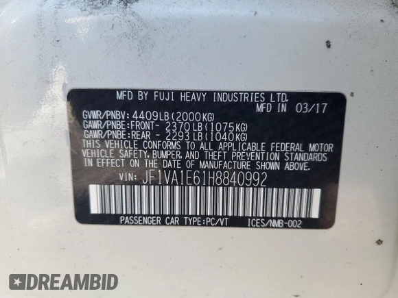 2017 Subaru WRX Premium with VIN JF1VA1E61H8840992, listed as a Copart auction lot 50290215 with 117,638 mi miles and Salvage title. Bid and sale history available at DreamBid. Image 12.