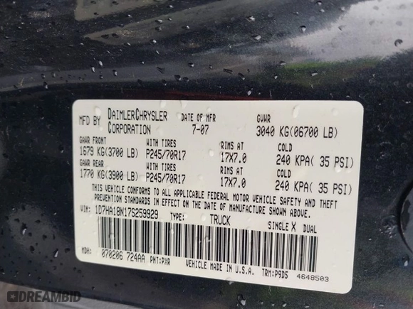 2007 Dodge Ram 1500 SLT with VIN 1D7HA18N17S259929, listed as a IAAI auction lot 41777502 with 208,517 mi miles. Bid and sale history available at carsss.com. Image 9.