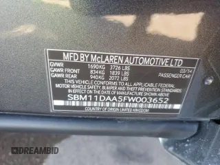 2015 McLaren 650S z VIN SBM11DAA5FW003652, wystawiony jako Copart lot #79296194 z przebiegiem Nie podano mil oraz Szkody całkowita. Historia ofert i sprzedaży dostępna na DreamBid. Obrazek 12.