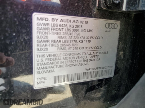 2019 Audi Q7 Premium Plus with VIN WA1LHAF72KD032390, listed as a Copart auction lot 56372405 with 63,446 mi miles and Salvage title. Bid and sale history available at DreamBid. Image 13.